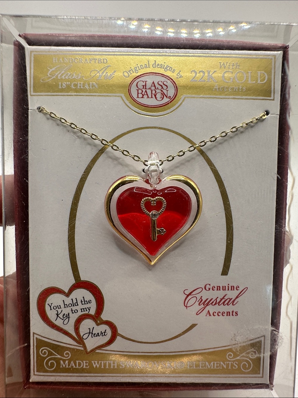 Red Heart Necklace with Key Accent and 22K Gold Trim